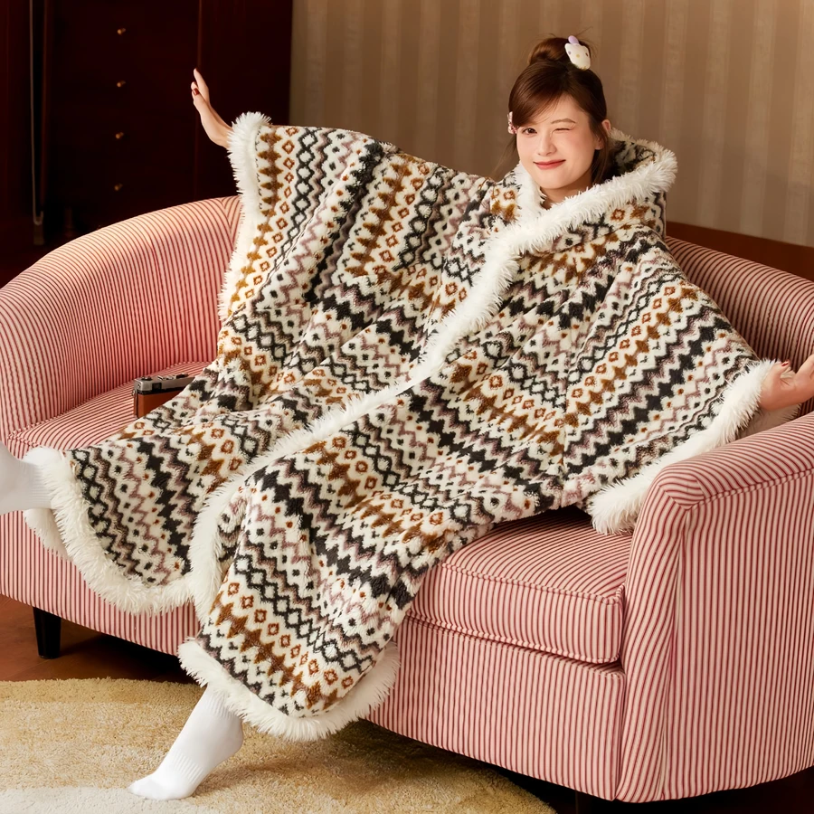

WOSTAR Soft warm plush wearable hooded blanket with sleeves large size winter fluffy coral fleece bohemian style hoodie blankets