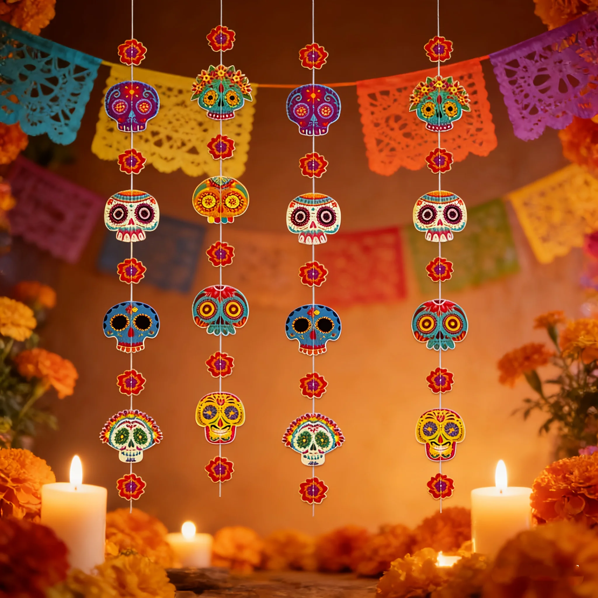 Día de los Muertos Dekorationen, Mexikanische Totenkopf-Hängeornamente, Totenkopf-Girlande Banner für Fiesta-Party-Zubehör – Detail 3