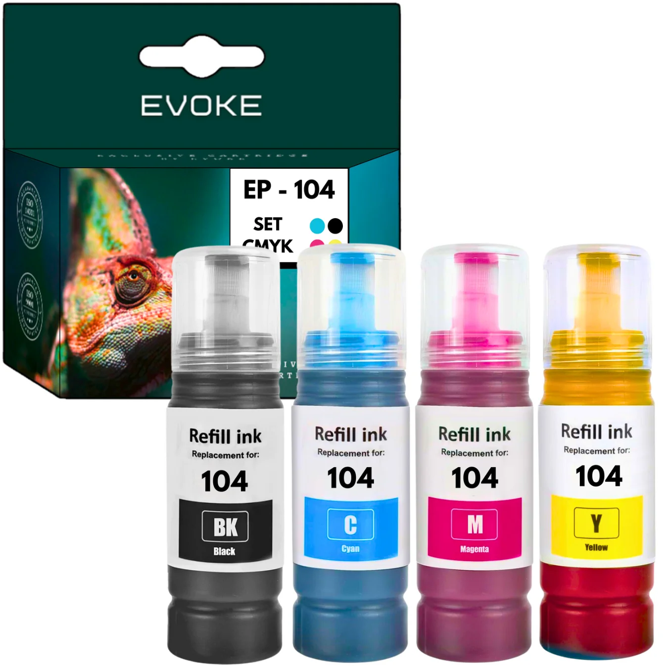 Evoke compatibele inkt voor Epson 104 T104 104XL C13T00P140 C13T00P240 C13T00P340 C13T00P440 4X Cmyk: Zwart Pigment+Cyaan+Magenta+Geel 280 ml Ecotank Et-1810 2710 2711 2712 2714 2715 2720 2721 2726