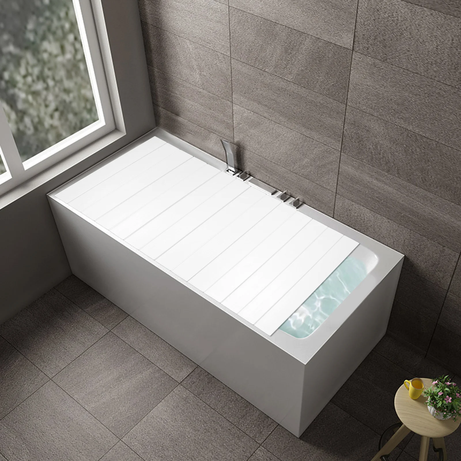 Foldable Bathtub Cover PVC Bath Tray with 11lbs Capacity Adjustable for Book Computer Wine Water Heat Retention White/Yellow