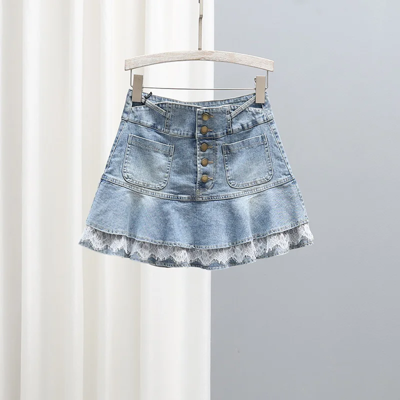 

Джинсовая кружевная юбка трапециевидной формы с высокой талией, женская модная весенне-летняя утягивающая антилегкая юбка, корейская юбка для поездок на работу