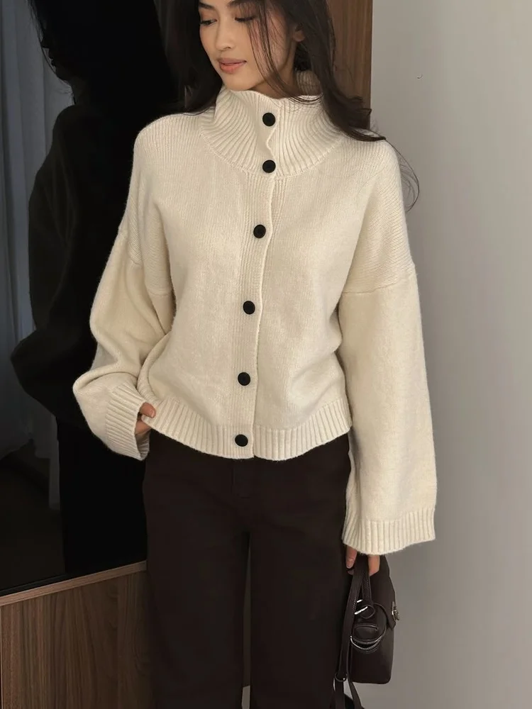Tossy Mock Neck Button Cardigan Long Sleeve Drop Shoulder Oversized Knit Hip Length Daily Casual Fall Winter Streetwear Cardigan