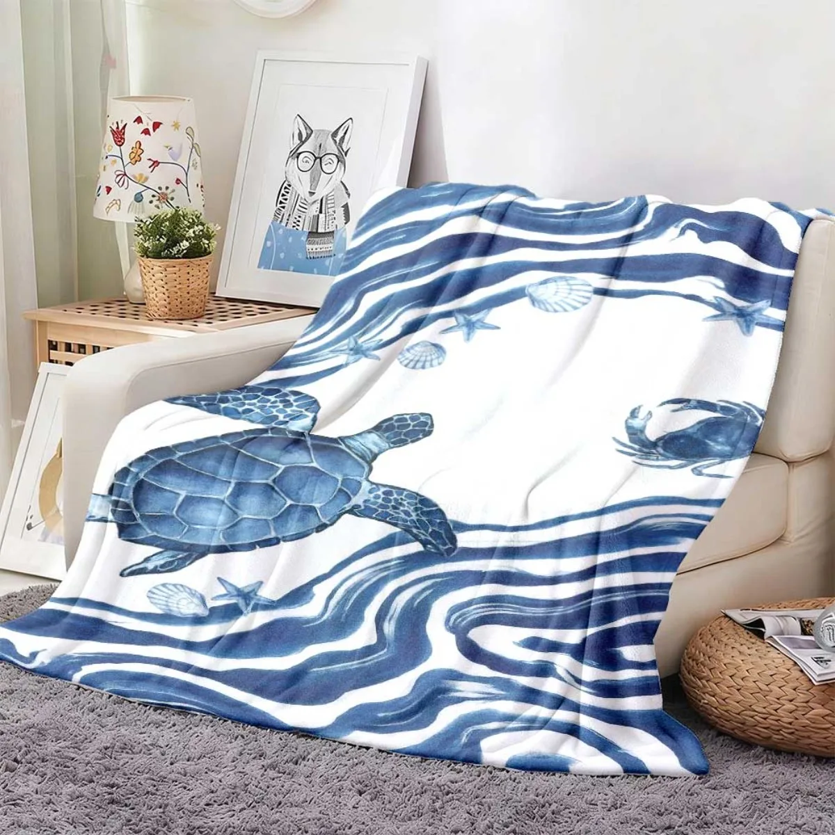 Nautical Blue White Sea Creature Wave Warm Fleece Blanket,Soft Thick Fabric for Travel Couch Bed Camping Household Coldproof Use