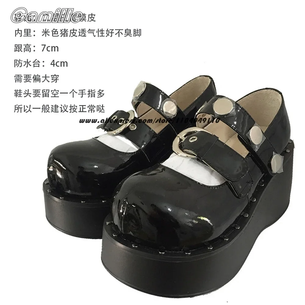 

Genuine Leather Belt Buckle Strap Chunky Heel Shallow Pumps Round Toe Platform Casual Lady Shoes Mary Jane Metal Rivet Shoes
