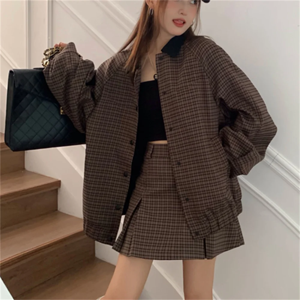 Coffee Women Suits Slim Plaid Slim-Fit Jackets Vintage Office Lady New 2023 Spring Mujer High Street Chic Skirts Sets