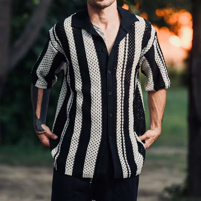 2025 الموضة الأمريكية الجديدة الصيف الربيع الرجال عادية العصرية فضفاضة بدوره إلى أسفل طوق قصيرة الأكمام مخطط قمصان الذكور الملابس بلايز #1