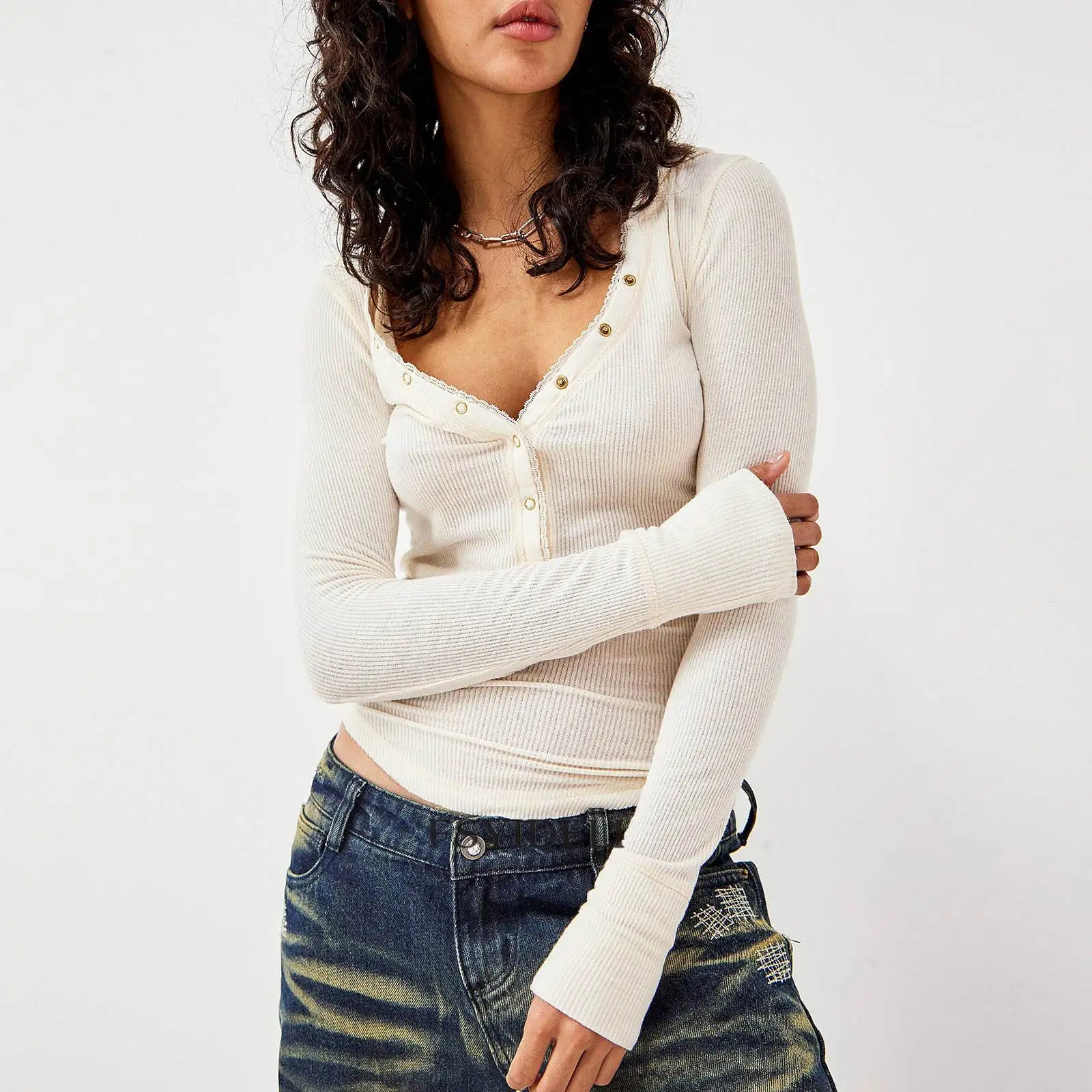 2023 تي شيرت ضيق بقلنسوة واحدة الصدر ort Top Street Sle لون نقي طويل Sve بوليستر ربيع الخريف المرأة Fa...