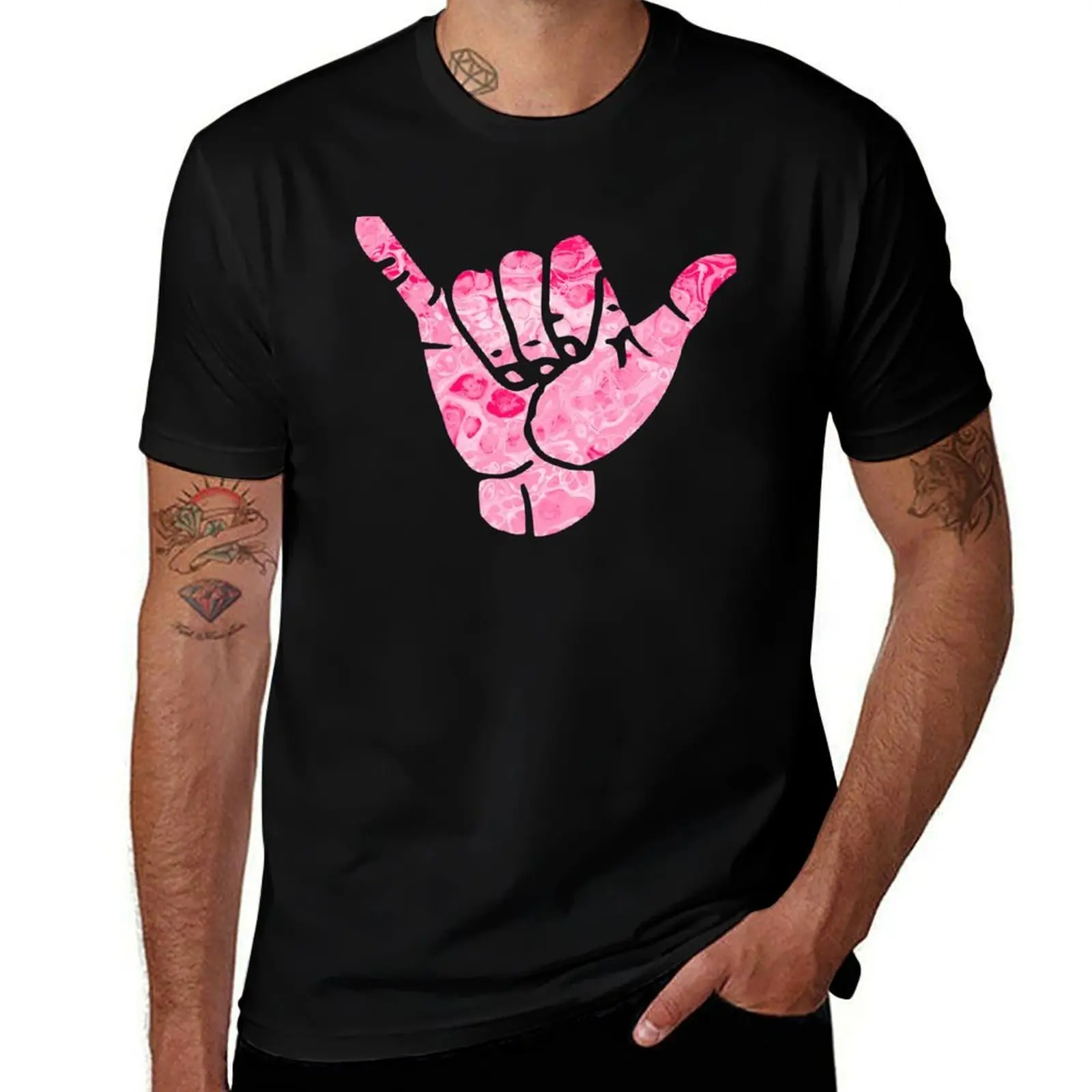 Pink Hawaii Shaka Hang loose Sign Hand T-Shirt Minimalist Casual Short Sleeve Top T-Shirt