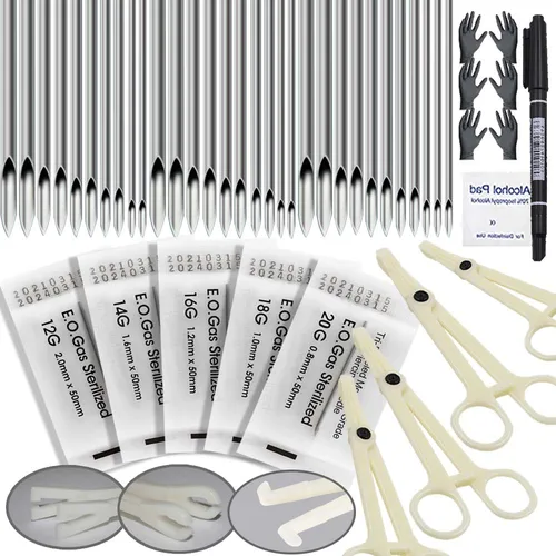 Imagen 1 del producto 98/69/48/7 Uds Kit de herramientas de perforación profesional oreja nariz agujas de perforación abrazadera guante rotulador Tragus labio ombligo juego de herramientas de perforación