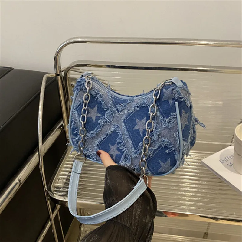 Damen-Tragetasche mit Sternmuster, blauem Distressed-Design, goldfarbene Hardware, stilvolle Handtasche, Umhängetasche für den täglichen Gebrauch – Detail 1
