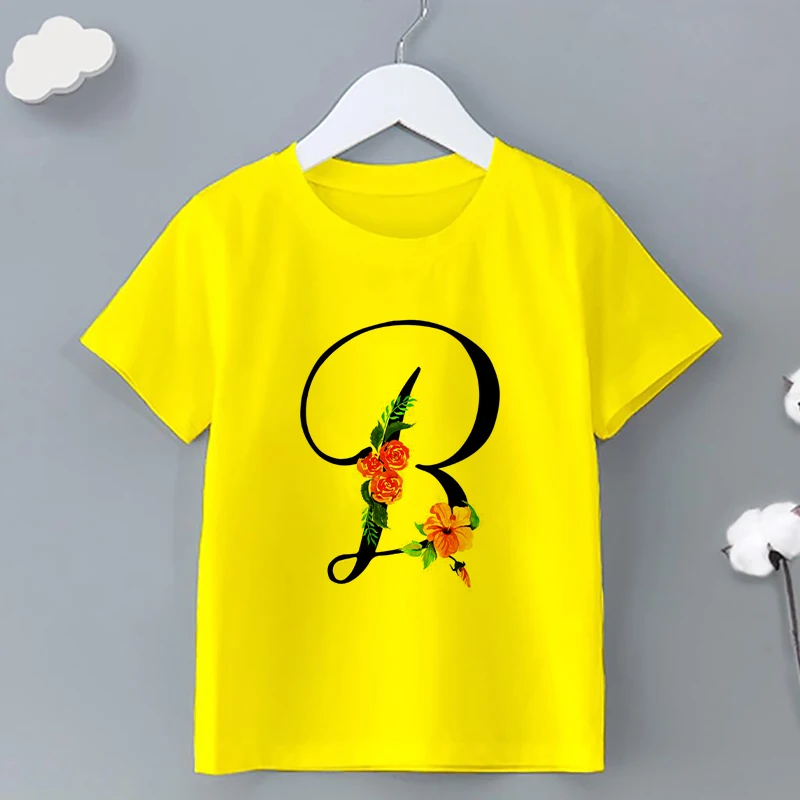 Nowe dzieci t-shirt dziewczynka chłopiec kwiaty list A-Z Kawaii bajki ubrania dziecięce koszulki małe dziecko żółte bluzki na co dzień