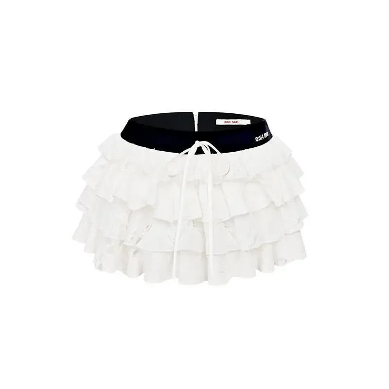 Deeptown Kawaii Sexy Ruffle White Mini Skirt Fairycore Cake Pleated Lace Up Short Skirts Coquette Casual Layered Patchwork Skirt