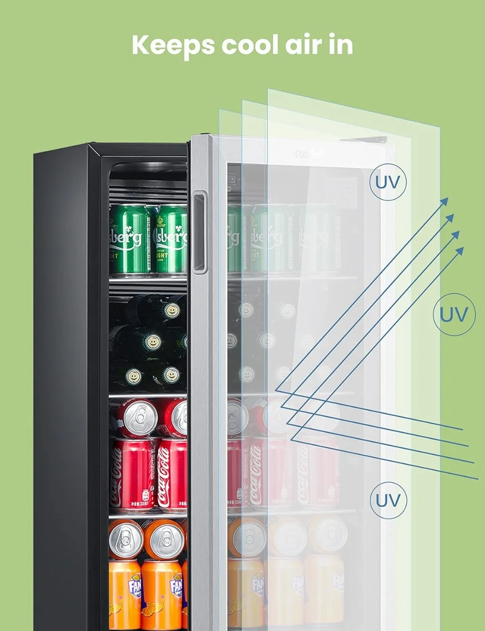 ตู้แช่ CRV115TAST, ตู้เย็นเครื่องดื่ม115กระป๋อง, เทอร์โมสตัทแบบปรับได้, ประตูกระจกพร้อมกรอบสแตนเลส