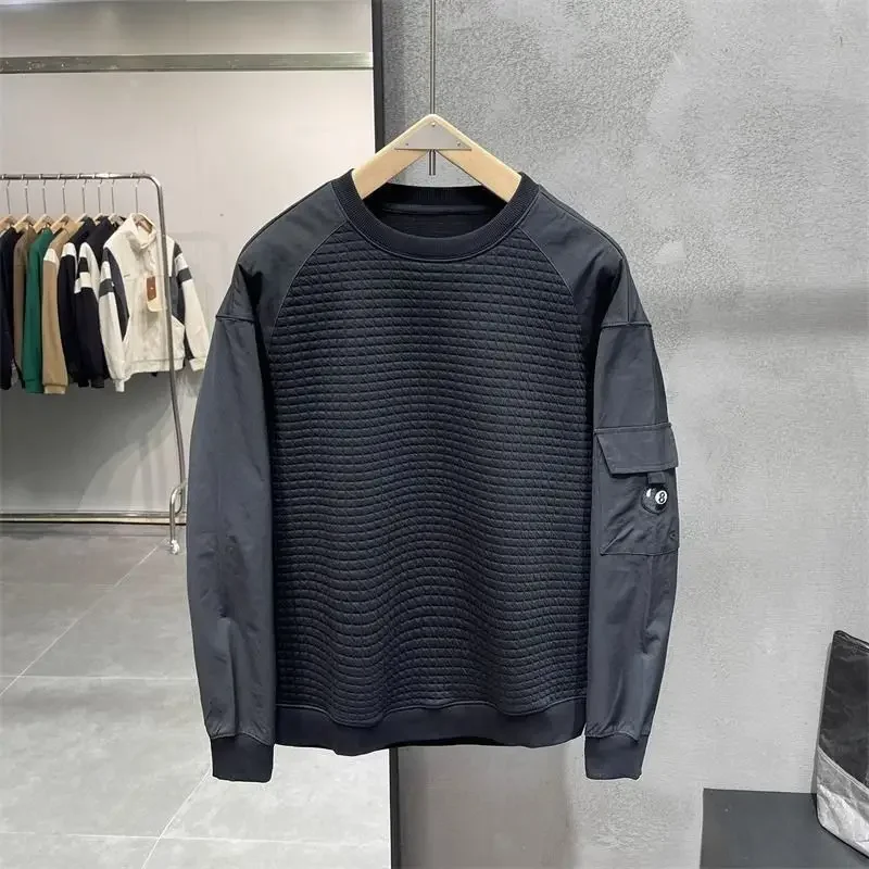 Retro Mens Casual Sweatshirts Loose Patchwork Waffle with Cargo Pocket Pullovers O-Neck Streetwear Black Long Sleeves Sweatshirt