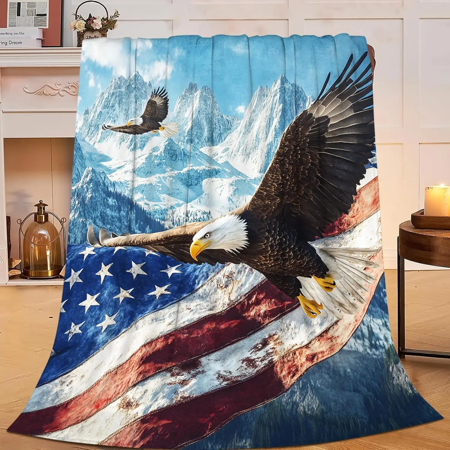Patriotic American Flag Eagle Mountain View Throw Blanket Home Decor Cozy Fleece Throw for Patriotic Gift