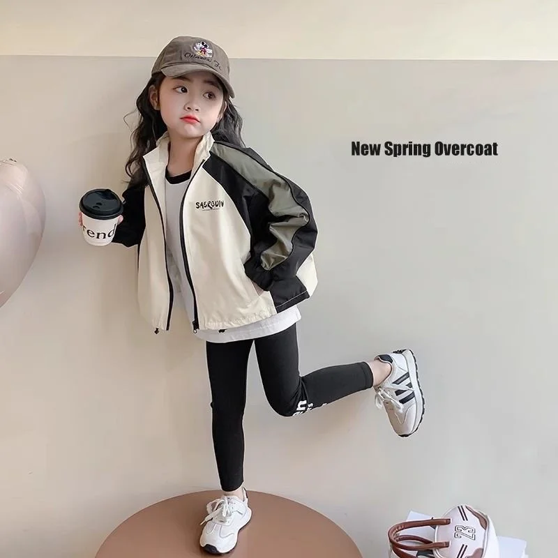 Kids Girls Spring Windbreaker Jackets Colorblocking Trench Zipper Coats Autumn Children Casual Clothes Baseball Outerwear 2-10 Y
