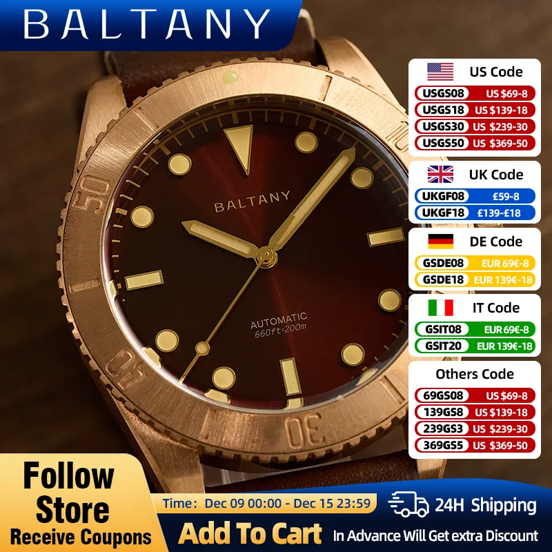 Baltany Bronze Dive Watch Men 44MM  200M Waterproof NH38 Automatic Mechanical Military Men\'s WW2 Homage Water Ghost Watches