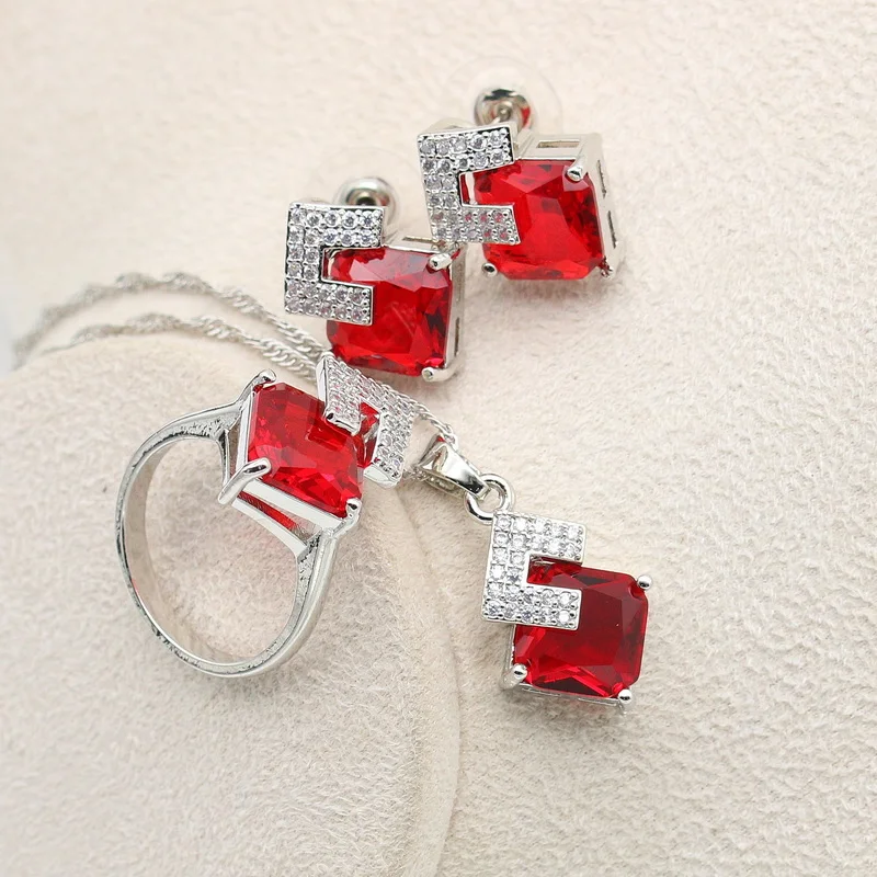 Geometric Red Zircon Silver Wedding Jewelry Sets Stud Earring For Women Pendant Necklace Ring Bracelet Gift Box