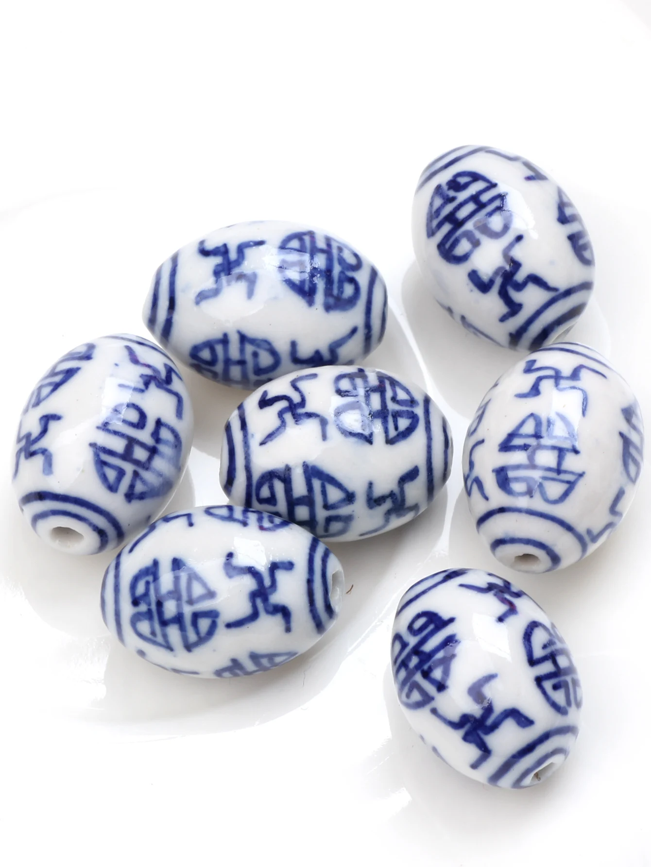 6Pcs/Bag 17MM Ceramic Loose Bead Ellipse Shape Hand-Painted Blue And White Pattern DIY Bracelet Necklace Jewelry Accessories