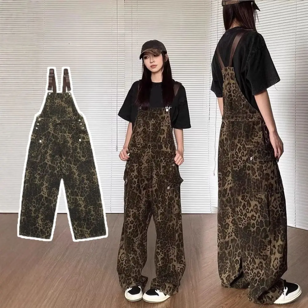 

Soft Baggy Leopard Print Overalls Wide Leg Straight Leg Rompers Women Y2k Retro High Waist Leopard Print Pants Girls