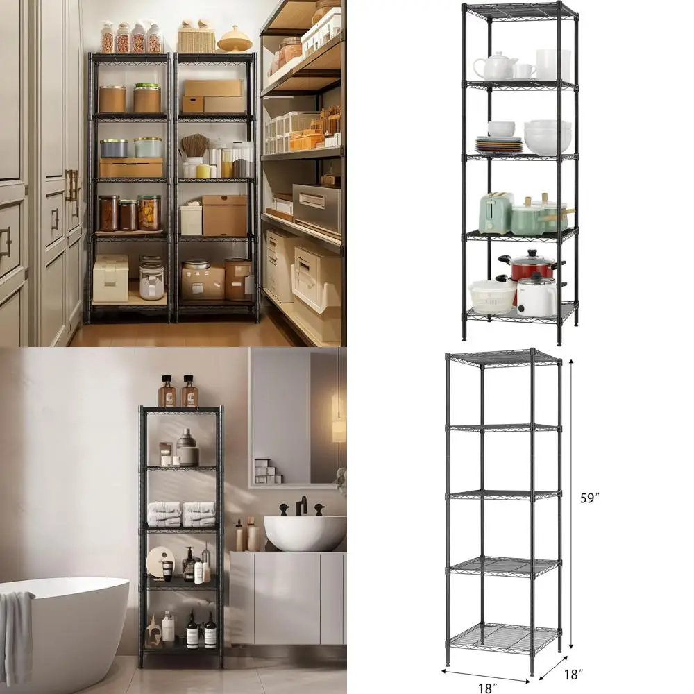 

Sturdy 5-Tier Wire Shelving, 18x18x59-inch, Heavy-Duty Metal Rack with Thick Steel, Certified, Black