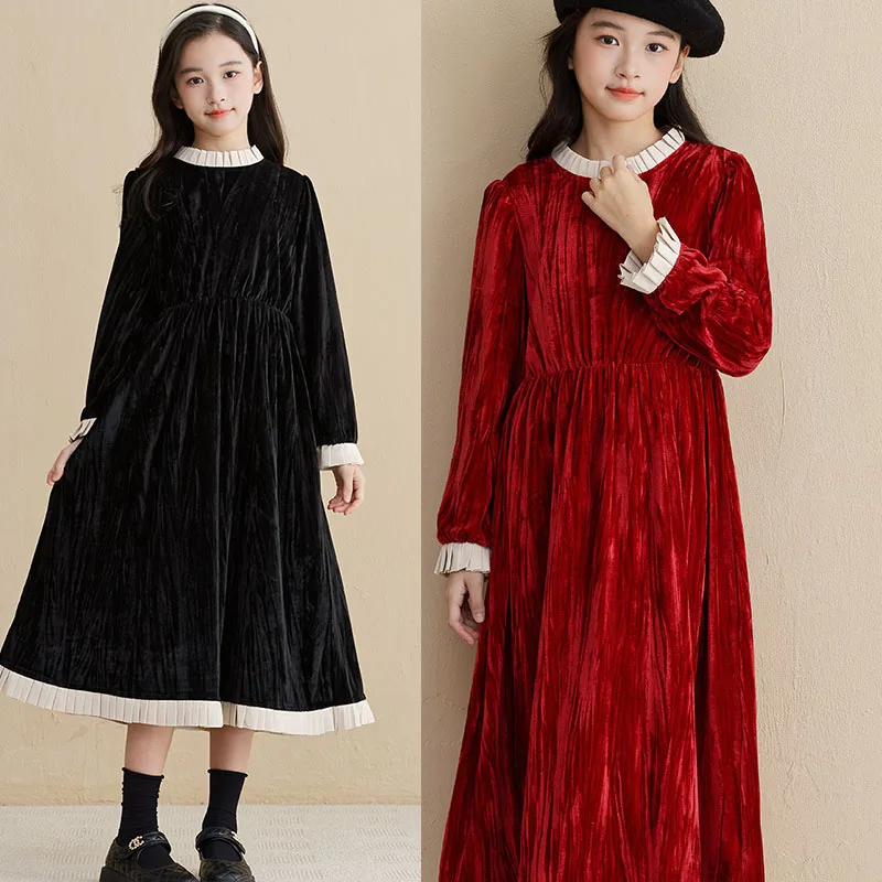 

Velvet Teen Fall Dresses Kids Clothing Winter 2025 Red Black Party Long Dress For Little Girls Size 6 7 8 9 10-12 14-16 Years