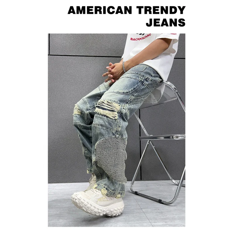 Personalized fashion 3D printing pattern Street beat high-end retro hole men's jeans openwork zipper casual pants wide-legged