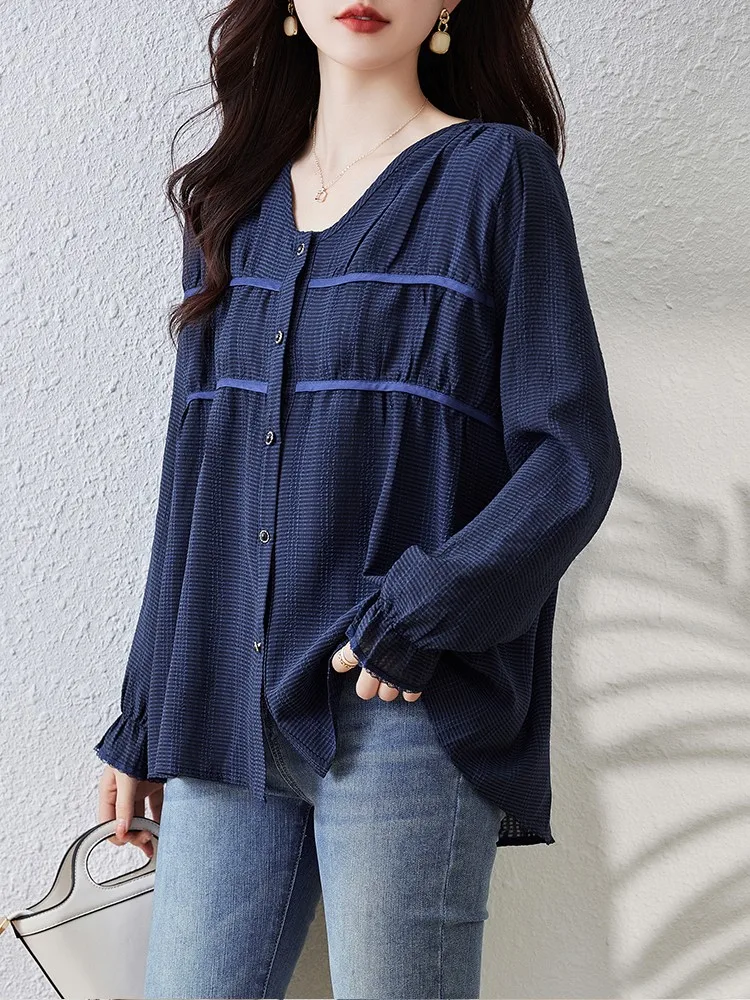 Women Long Sleeve Casual Shirt New Arrival 2024 Spring Korean Style V-neck Solid Color Loose Ladies Elegant Tops Shirts B3247