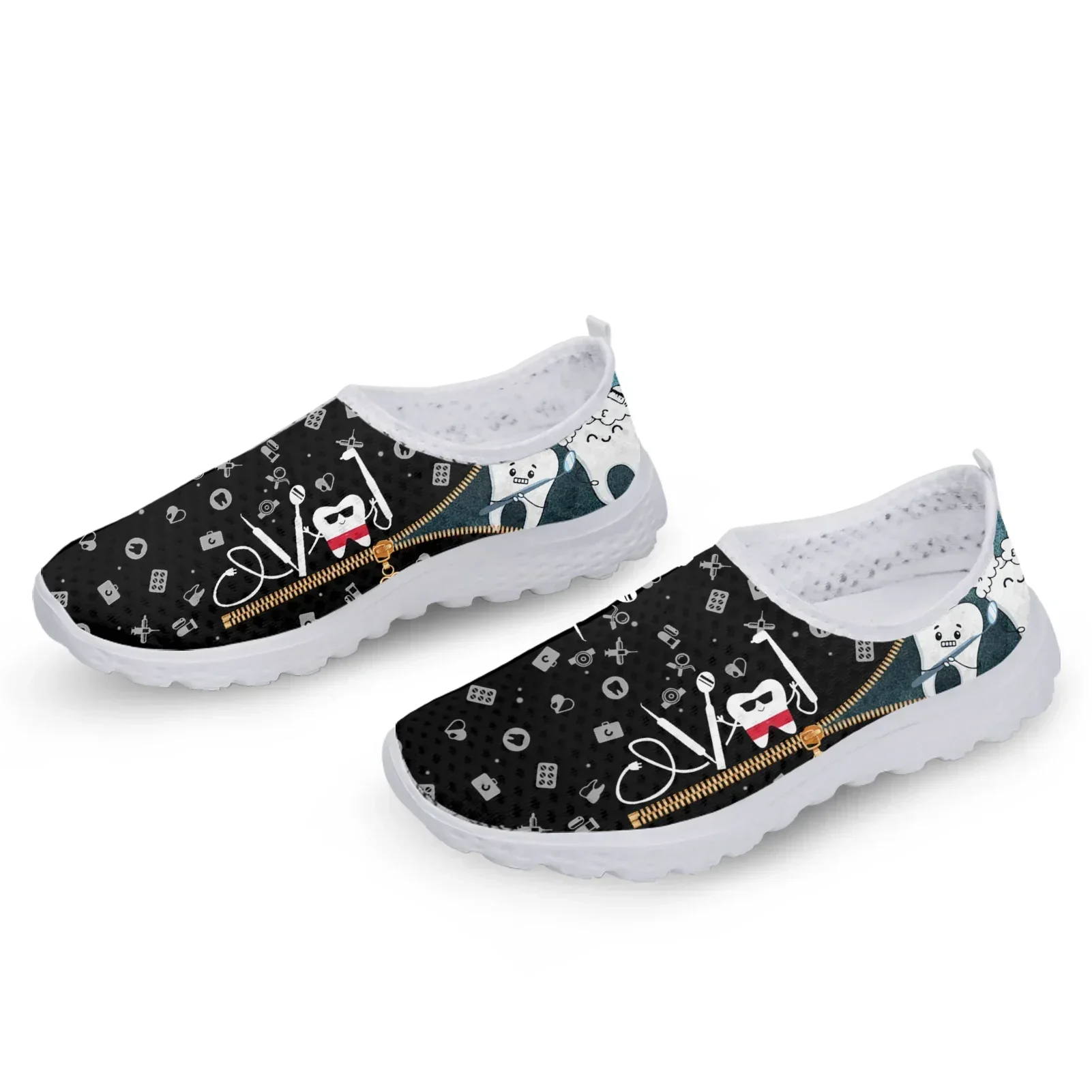Black Funny Cartoon Teeth Print Ladies Summer Mesh Shoes Comfortable Lightweight Slip On Footwear Mesh Sneakers