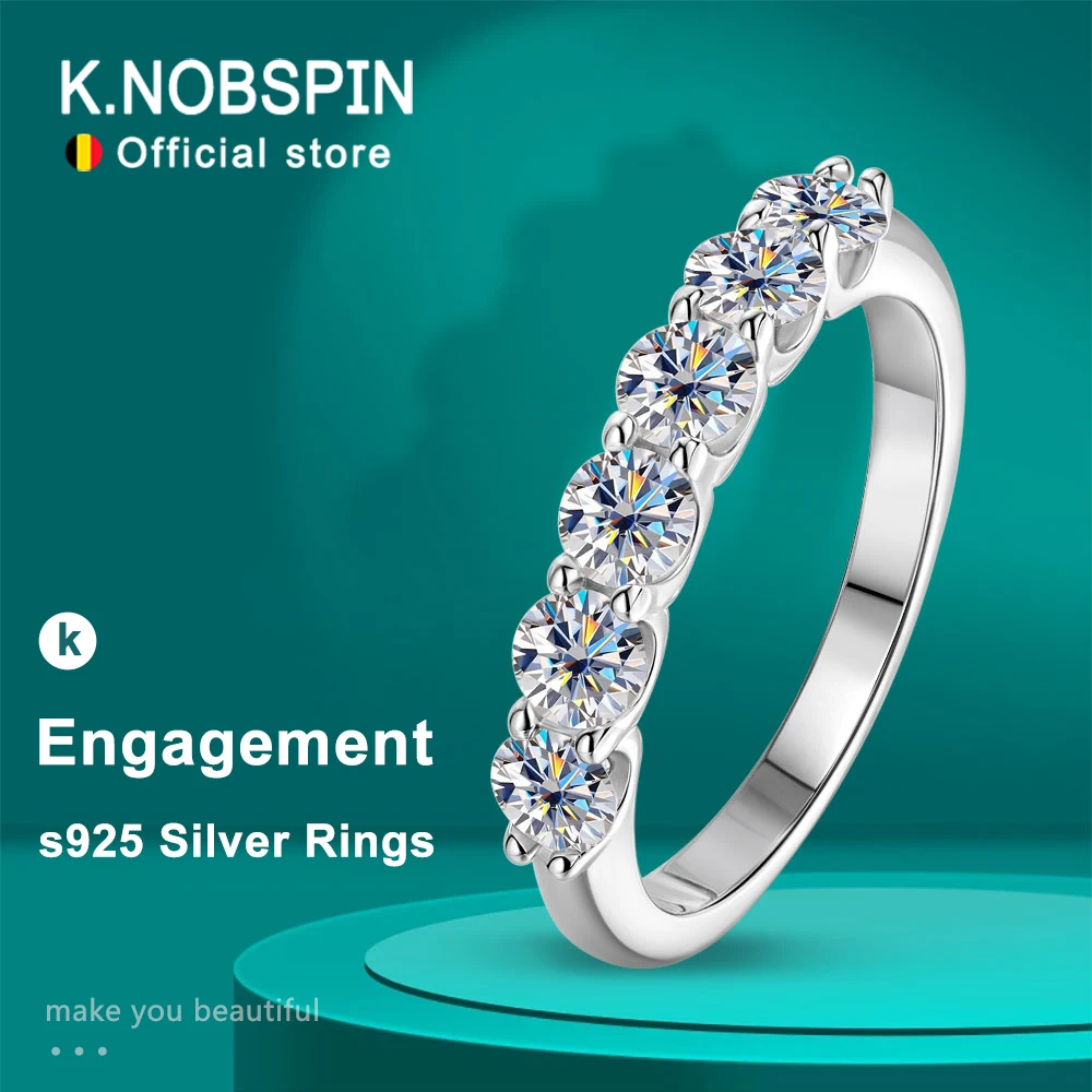 KNOBSPIN s925 Sterling Silver Moissanite Ring 7 Stones Round Diamond Ring Anniversary Wedding Jewelry Gift for Wife Girlfriend