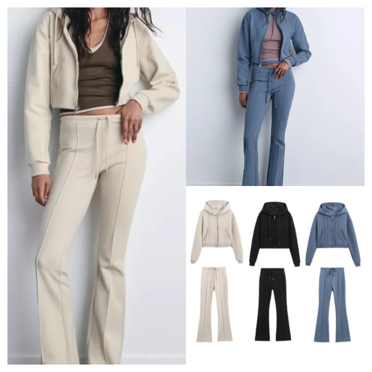 

Zip Hoodies with Flare Pant 2 Piece Set Apricot Tracksuit Women Sweatshirt Outfit Female Casual Stitch Decoration Two Piece Suit