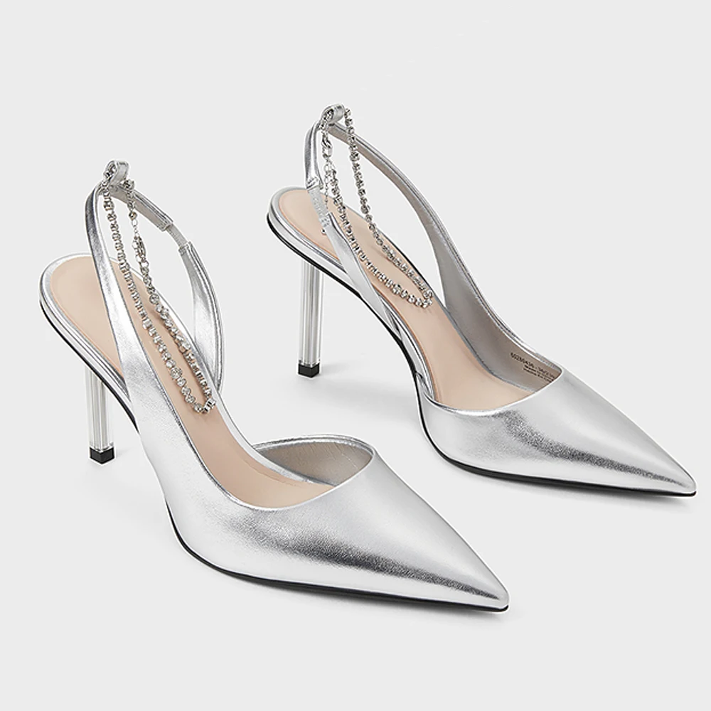 FWRD Women's Metallic Leather Pointed-Toe Chain-Strap Stiletto Sandals, Comfortable, for Parties & Evenings #FWRD000271