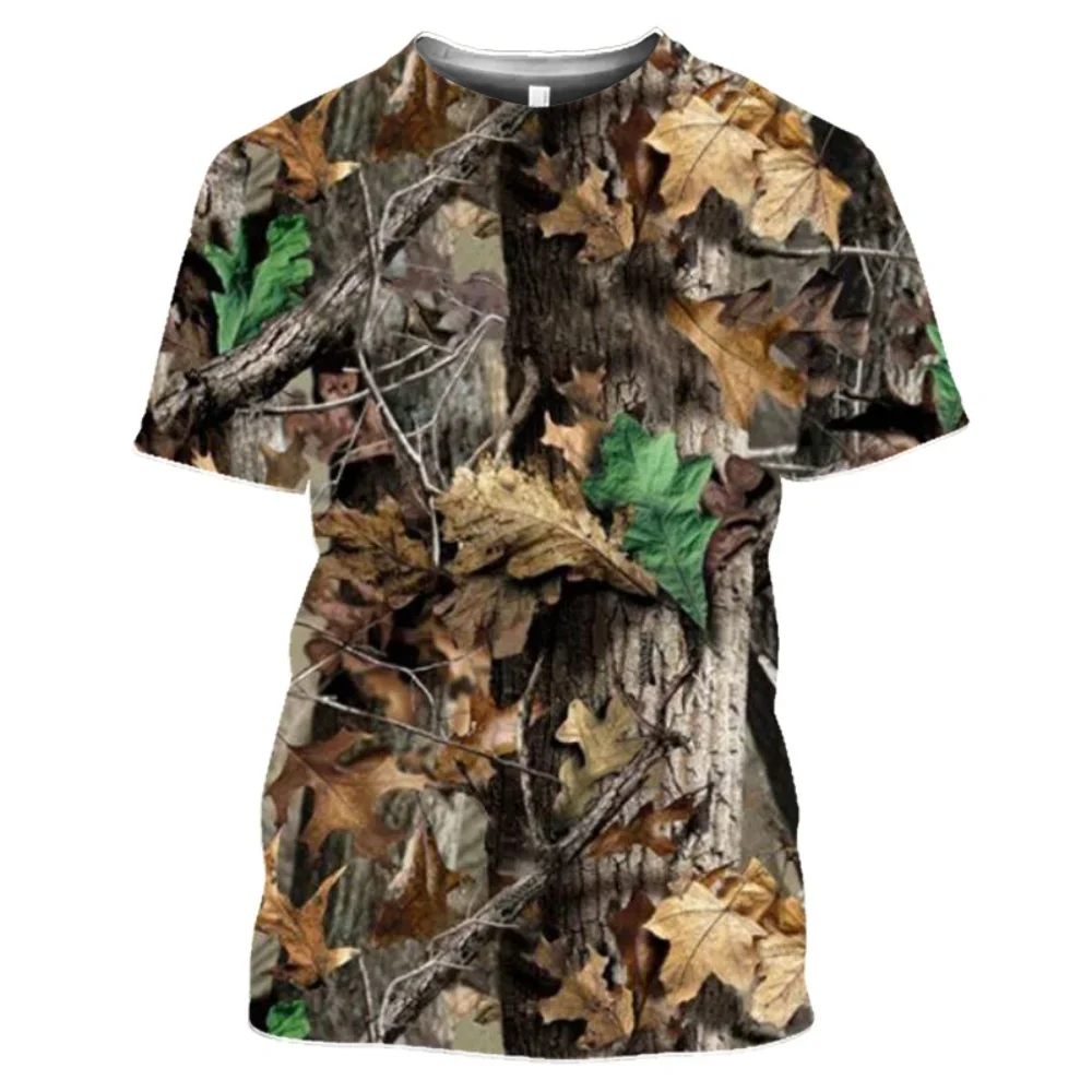 Fashion Men's Realistic Tree Leaf Camo 3D Print T Shirt Hunting Outdoor Crew Neck Short Sleeve Casual Camouflage Tee Tops