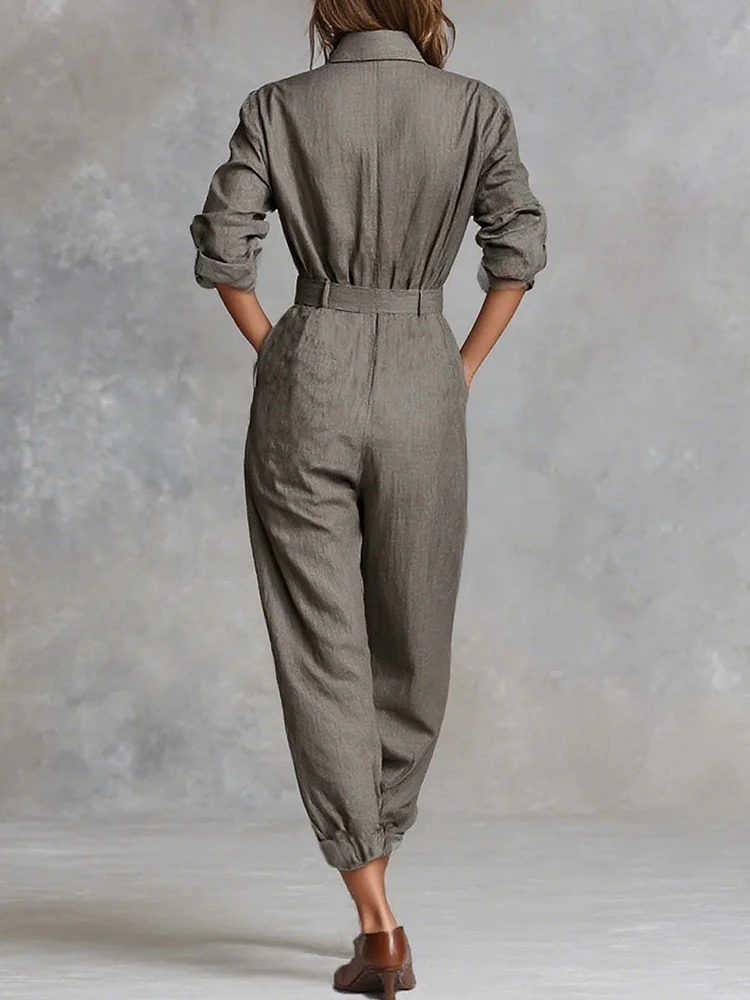 Women Spring Retro Cargo Pants Jumpsuits, Elegant Turn Down Collar Pocket Playsuits, Casual Patchwork Buttons Ladies Bodysuits