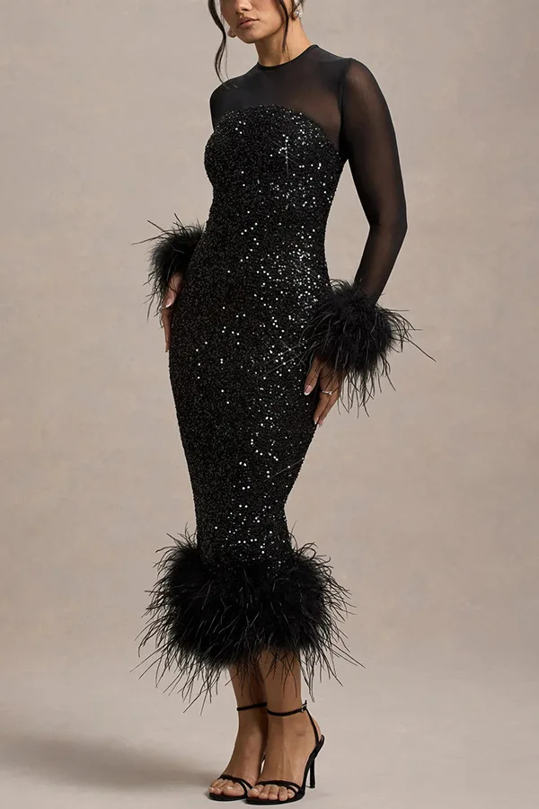 2022 herbst Und Winter Elegante Party Abendessen Kleid Modische Glänzende Mesh Spleißen Lange ärmeln Plüsch Dekorative Schlanke Lange Rock