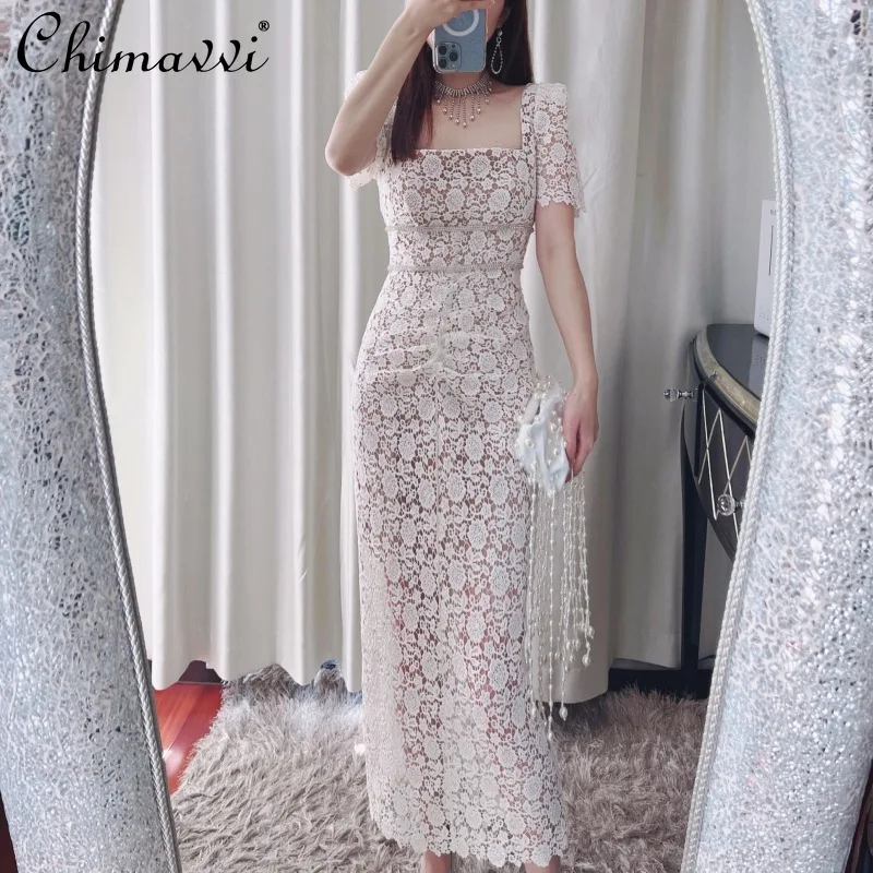 

2022 Spring and Summer New Women's Clothing Sexy Square-Neck Lace Temperament Slimming Dress High-End Holiday Pencil Dress