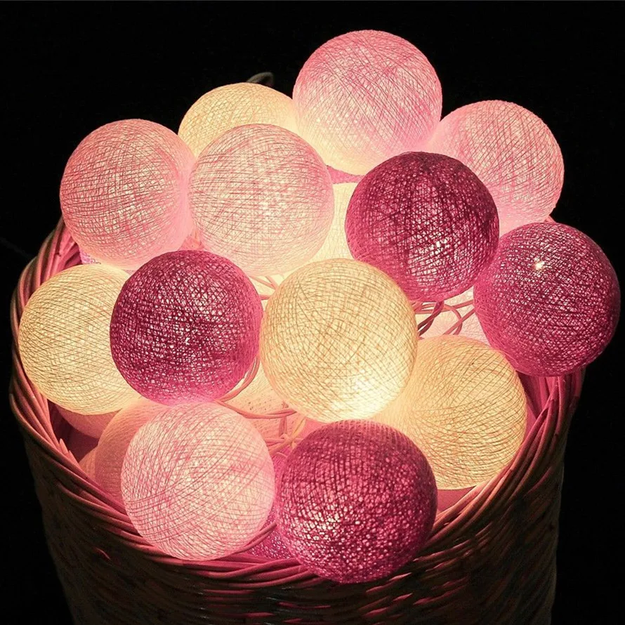 Thai Style Cotton Ball LED Fairy String Lights, Luminaria Lamp, Fit for Party, Wedding, Home, Bedroom, Camp, 3 * AA, 110V, 220V