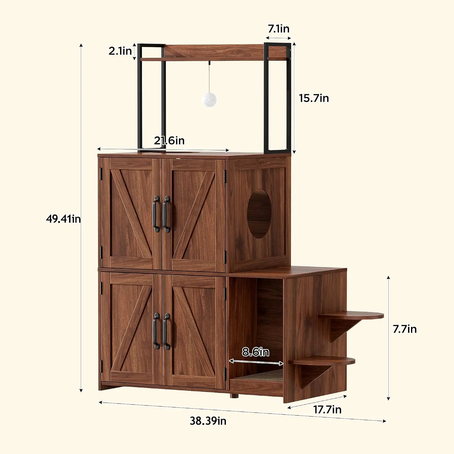 Cat Litter Box Enclosure Furniture, 2 in 1 Hidden Litter Box Furniture with Hanging Toy Ball, Double Litter Box Cabinet
