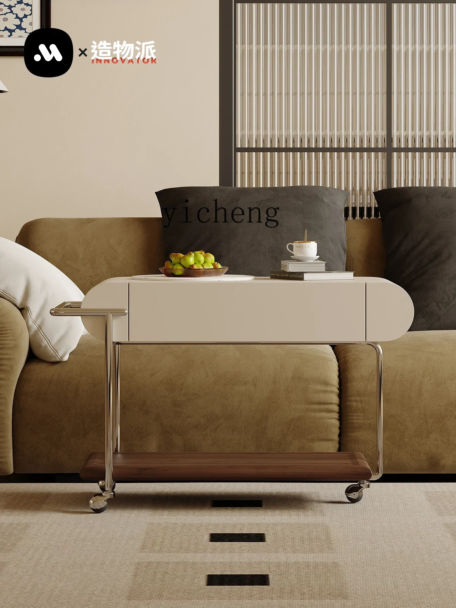rectangular mobile side table with wheel cart French rock slab sofa side table small coffee table