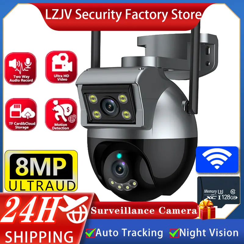 

LZJV Dual Lens Dual-Screen Wifi 4K 8MP IP Camera Outdoor 2-Audio AI Auto Tracking PTZ Wireless CCTV Security Surveillance Camera