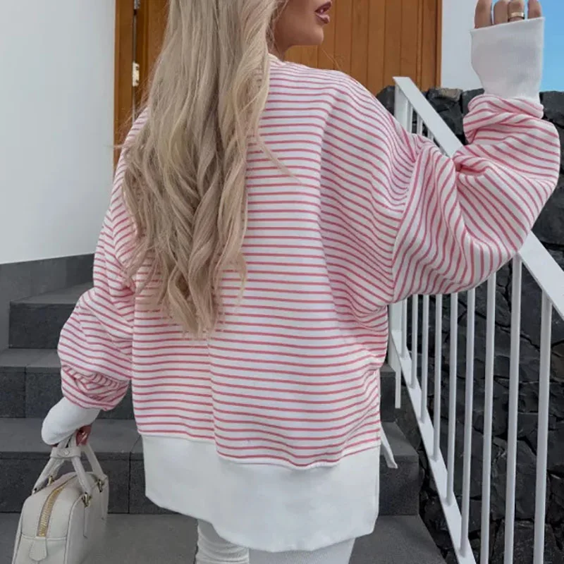 เสื้อสเวตเชิ้ตแขนยาวลายทางแฟชั่น ดีไซน์เก๋ คอทรงโอ ทรงหลวม สไตล์ลำลอง เหมาะสำหรับใส่ทำงานหรือเล่นกีฬา เสื้อผู้หญิงใหม่เรียบง่าย สไตล์พูลโอเวอร์ สำหรับฤดูใบไม้ร่วง