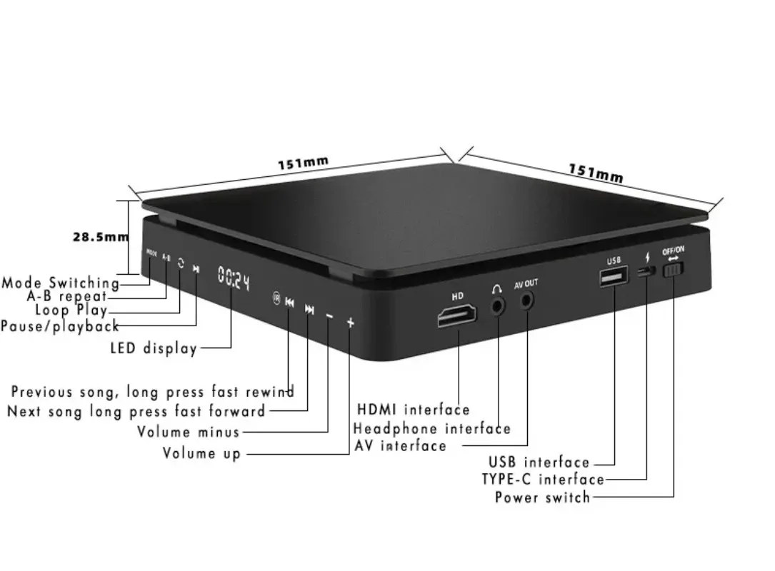 Mini 1080P HD DVD CD Player Touch‑Sensor Home TV Player Equipped With HDMI AV Cable And Remote Controller Household Media