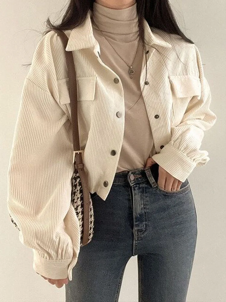 Female Casual Loose Single Breasted Coats Autumn Women Fashion Long Sleeve Vintage Corduroy Cropped Jacket Drawstring Blouses