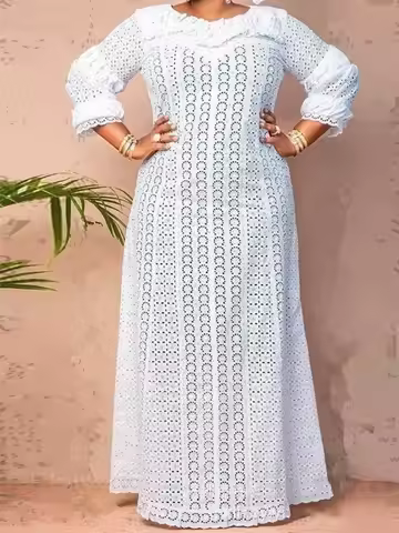 Chic Women Loose White Long Dress Oversized Lantern Sleeve Hollow Out Lace Shift Dress Party Evening Night Out Gowns Vestidos