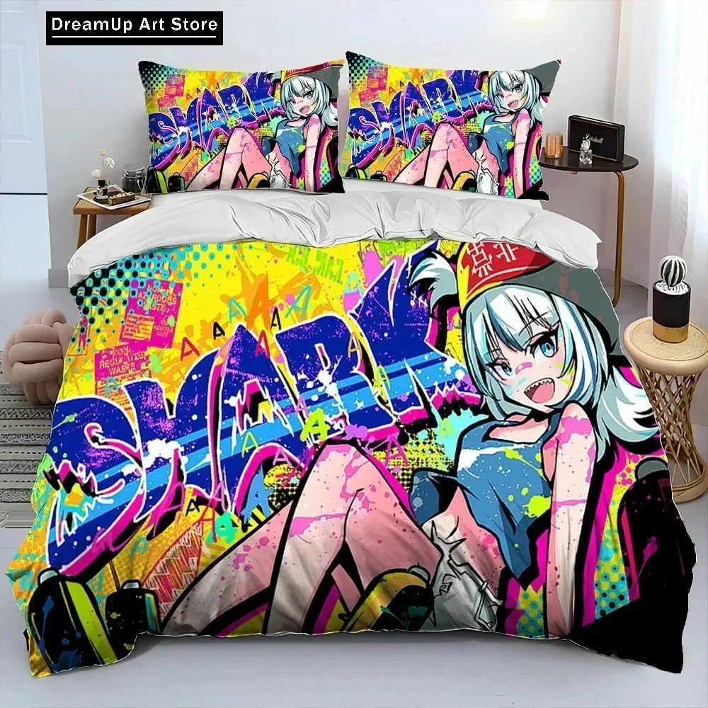 Cute Gawr Gura Hololive Anime Shark Bedding Set Boys Girls Twin Queen Full Size Duvet Cover Pillowcase Bed Adult Bedroom
