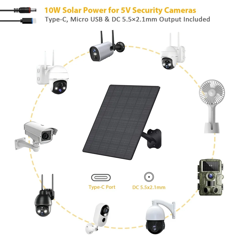 10W Outdoor Solar Charger for 5V Security Cameras with Type C Interface and 360 Degree Rotation Bracket for Optimal Sun Exposure