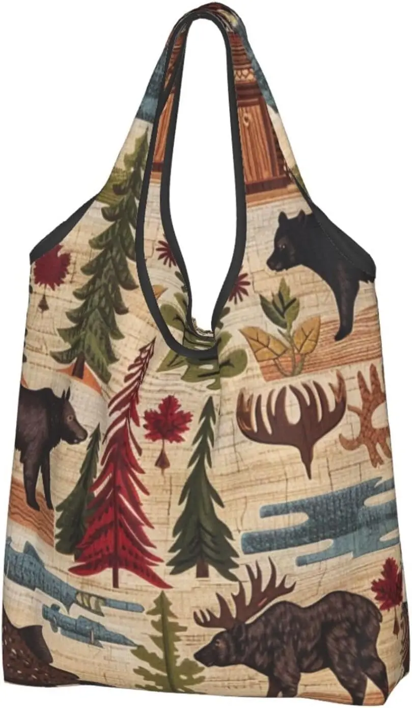 

Lodge Bear Deer Fish Printed Reusable Shopping Bag Folding Grocery Bags Cloth Tote Bags Cute Washable Shopper Bags