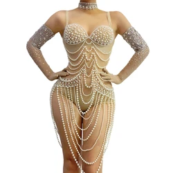 Full Pearls Bodysuit Rhinestones Gloves Women Sexy Pole Dance Gogo Wear Nightclub Dj Ds Rave Outfit Drag Queen Costume XS7390