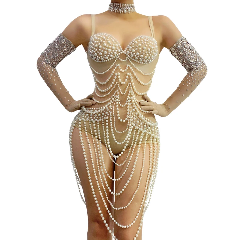 Full Pearls Bodysuit Rhinestones Gloves Women Sexy Pole Dance Gogo Wear Nightclub Dj Ds Rave Outfit Drag Queen Costume XS7390