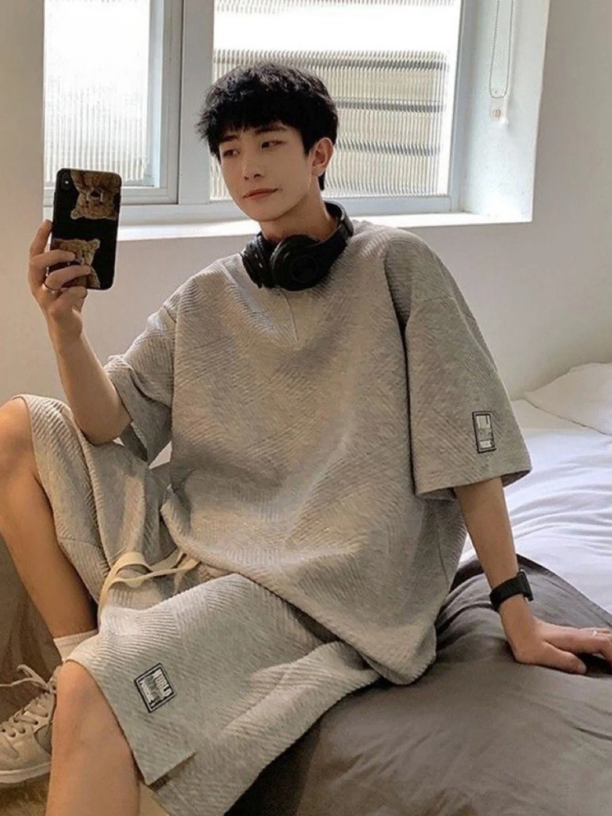 

Большие размеры 2300, повседневный комплект в стиле ретро ort Sve orts, мужской летний спортивный модный свободный комплект из двух предметов для подростков Long Sve...